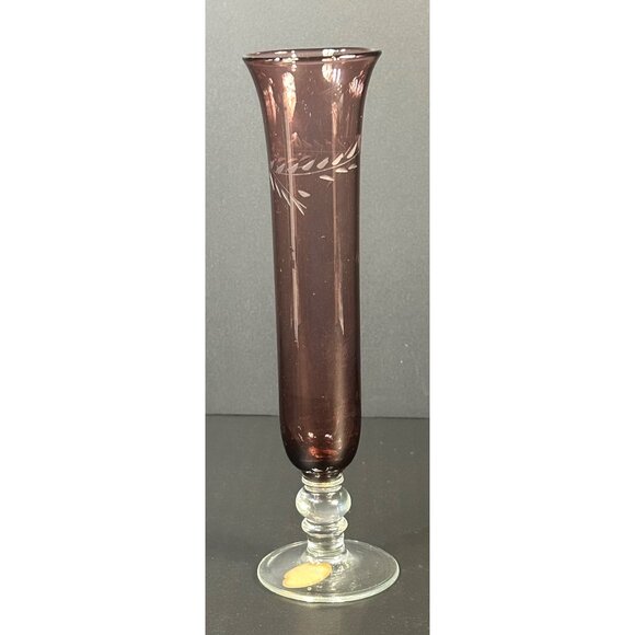Vintage Purple Amethyst Blown Glass Bud Vase 8'' Etched Cut Dot & Leaf Pattern - Picture 1 of 6